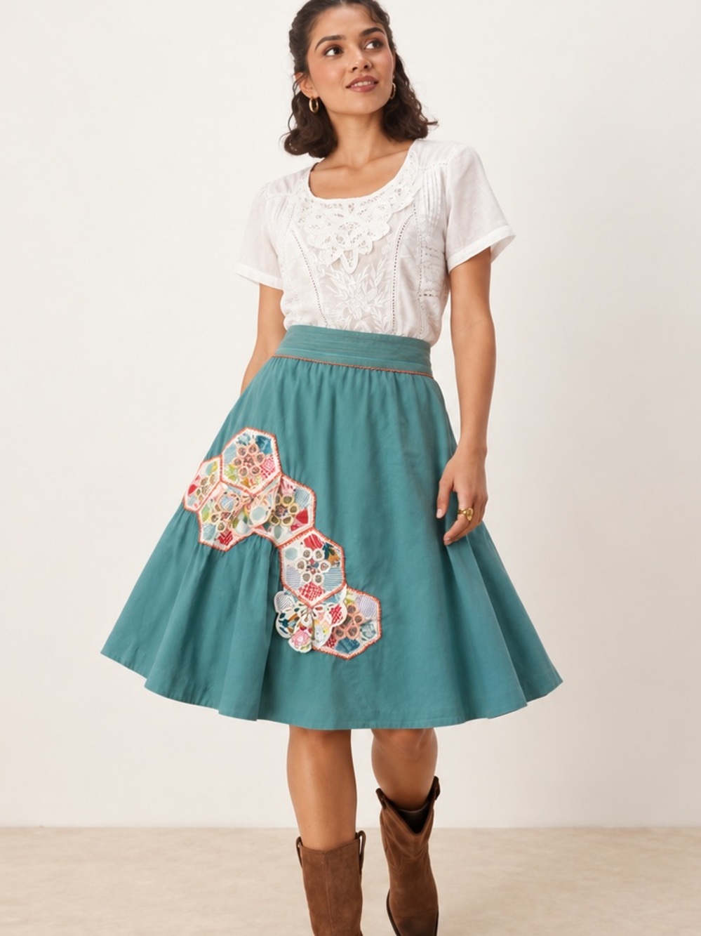 Anthropologie Odille 2000s Embroidered Patchwork Boho Cottagecore Skirt, XS